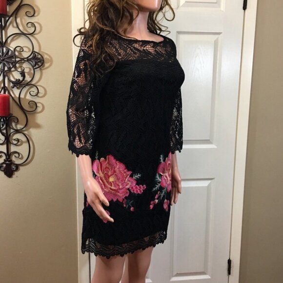 Tahari ASL Black Crochet Embroidered Floral Dress, Size 10 - Picture 5 of 7